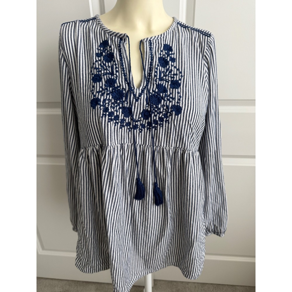 Old Navy Striped Embroidered Tassel Long Sleeve Top Cottagecore Boho